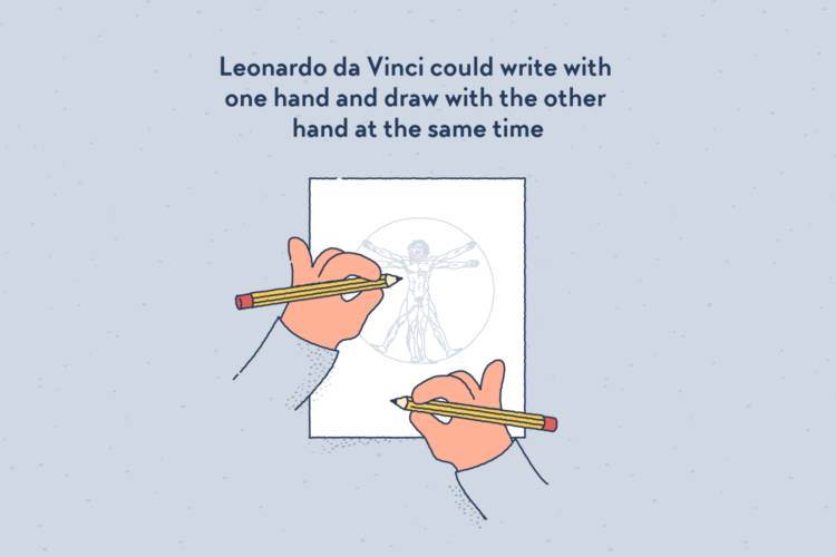 Two hands each holding a pencil and draw the vitruvian man