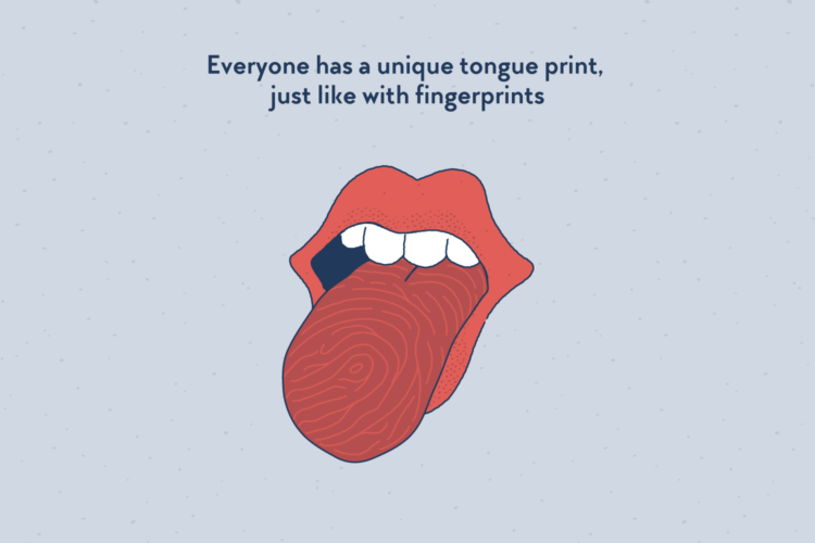 A tongue coming out of a mouth. The tongue is covered by lines that remind of a fingerprint.