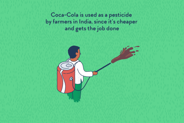 A farmer with a giant can Coke on his back, spraying his crop.