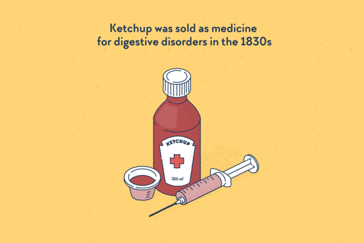 A medicine bottle, a syringe, a measuring cup next to each other. On the bottle it is written Ketchup