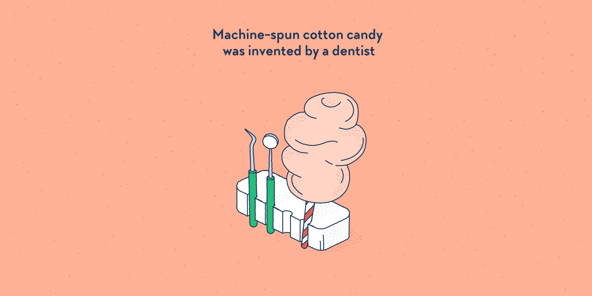 A set of dentistry tools placed next to each other: a probe, a mirror, and a cotton candy.