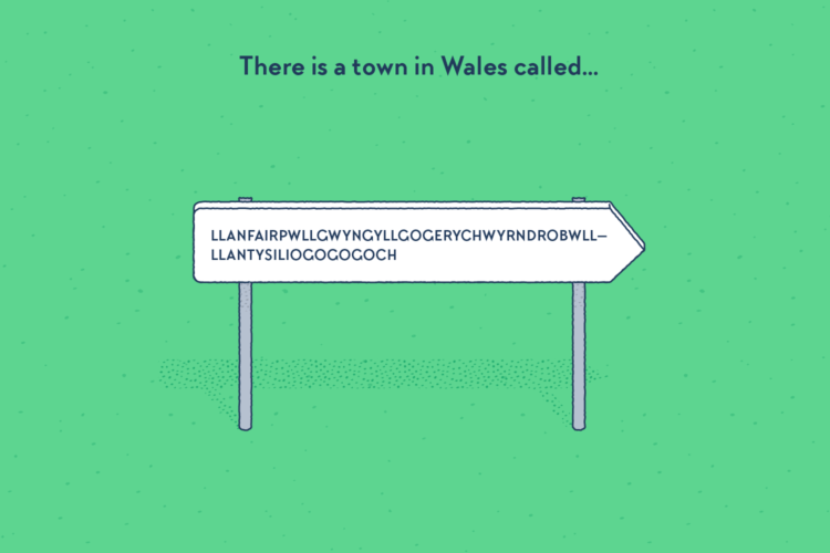 A road sign featuring the name Llanfair­pwllgwyngyll­gogery­chwyrn­drobwll­llan­tysilio­gogo­goch, cut on two lines