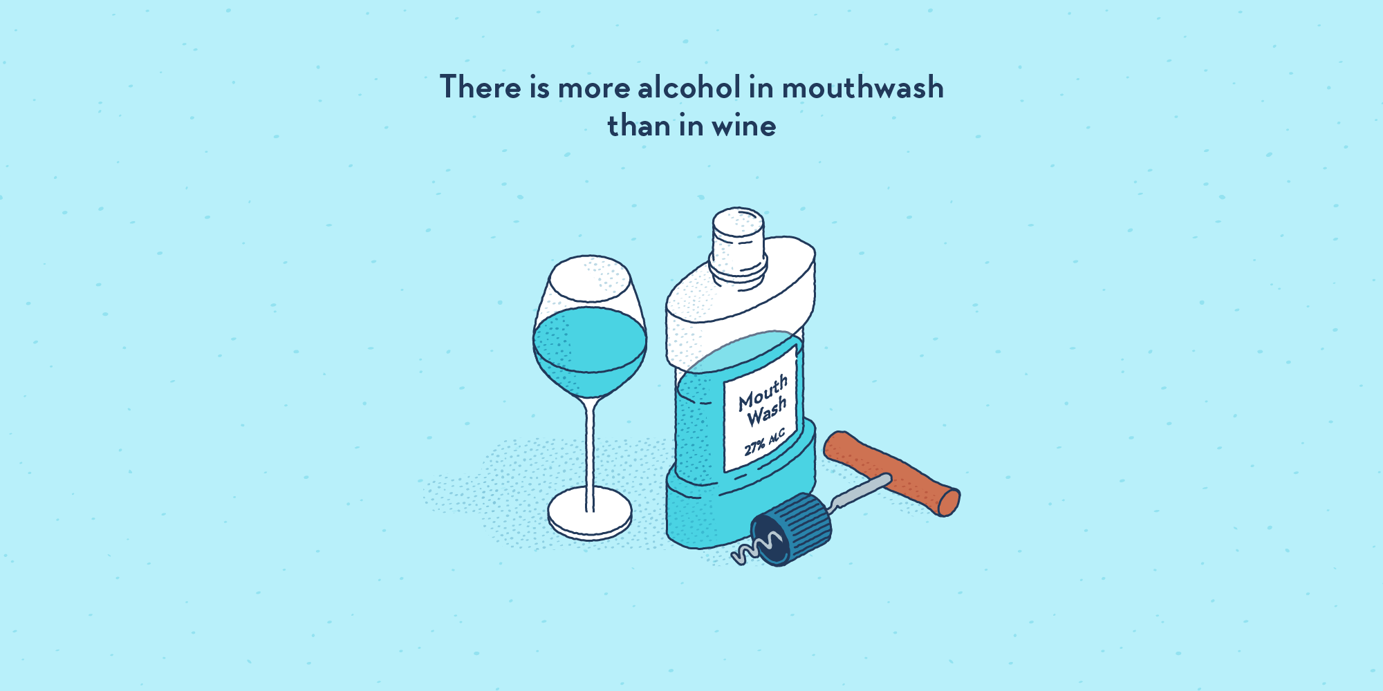 A bottle of blue mouthwash, opened with a corkscrew, some of it having being served in a wine glass.