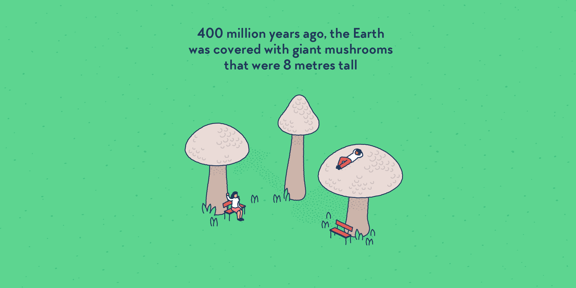 Giant mushrooms, with some people lying on them or sitting in their shade