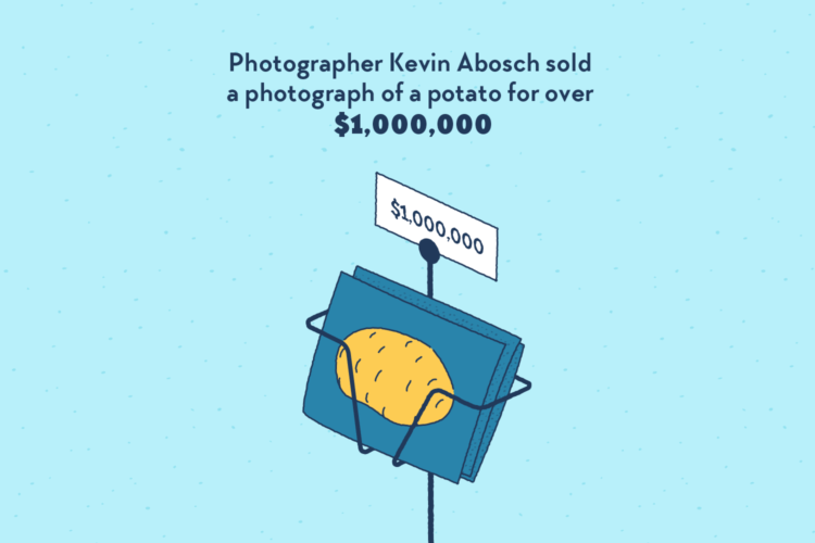 A few photos on a postcard stand, depicting a single potato. A little price tag indicates one million dollars.