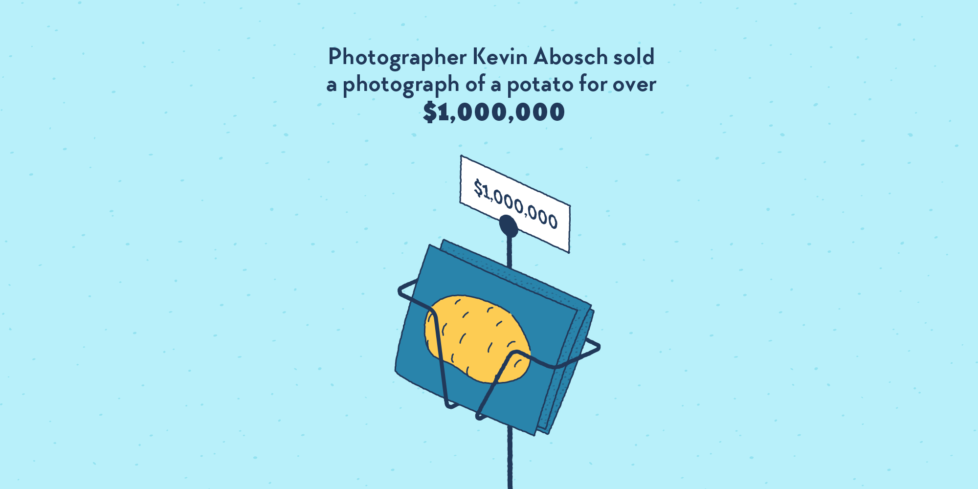 A few photos on a postcard stand, depicting a single potato. A little price tag indicates one million dollars.