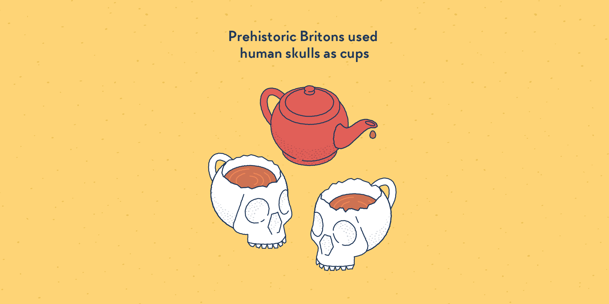 Two human skulls cracked at the top and filled with hot tea, placed next to a tea pot