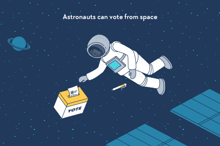 An astronaut, floating in the vacuum of space in their spacesuit, slipping their vote in a ballot box.