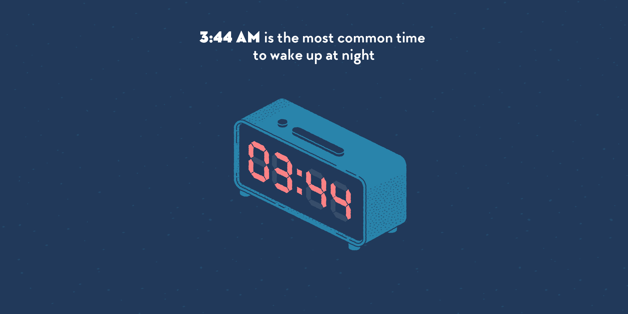 A digital alarm clock in the dark. The displays reads 3:44.