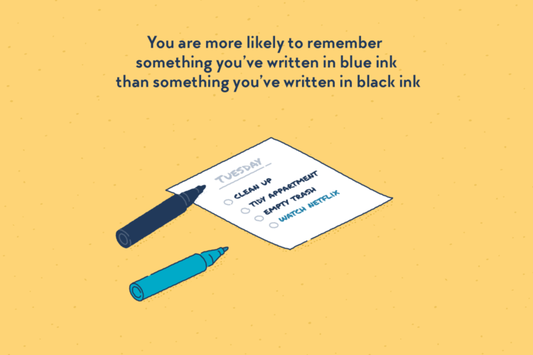 A to-do list entitled “Tuesday” with two pens lying down, one black and one blue. The fist three entries on the list are written in black: “Clean up”, “Tidy up”, and “Empty trash”. The last entry is written in blue: “Watch Netflix”.
