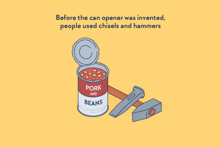 An opened tin can of pork and beans, beside of which lie a chisel and a hammer.