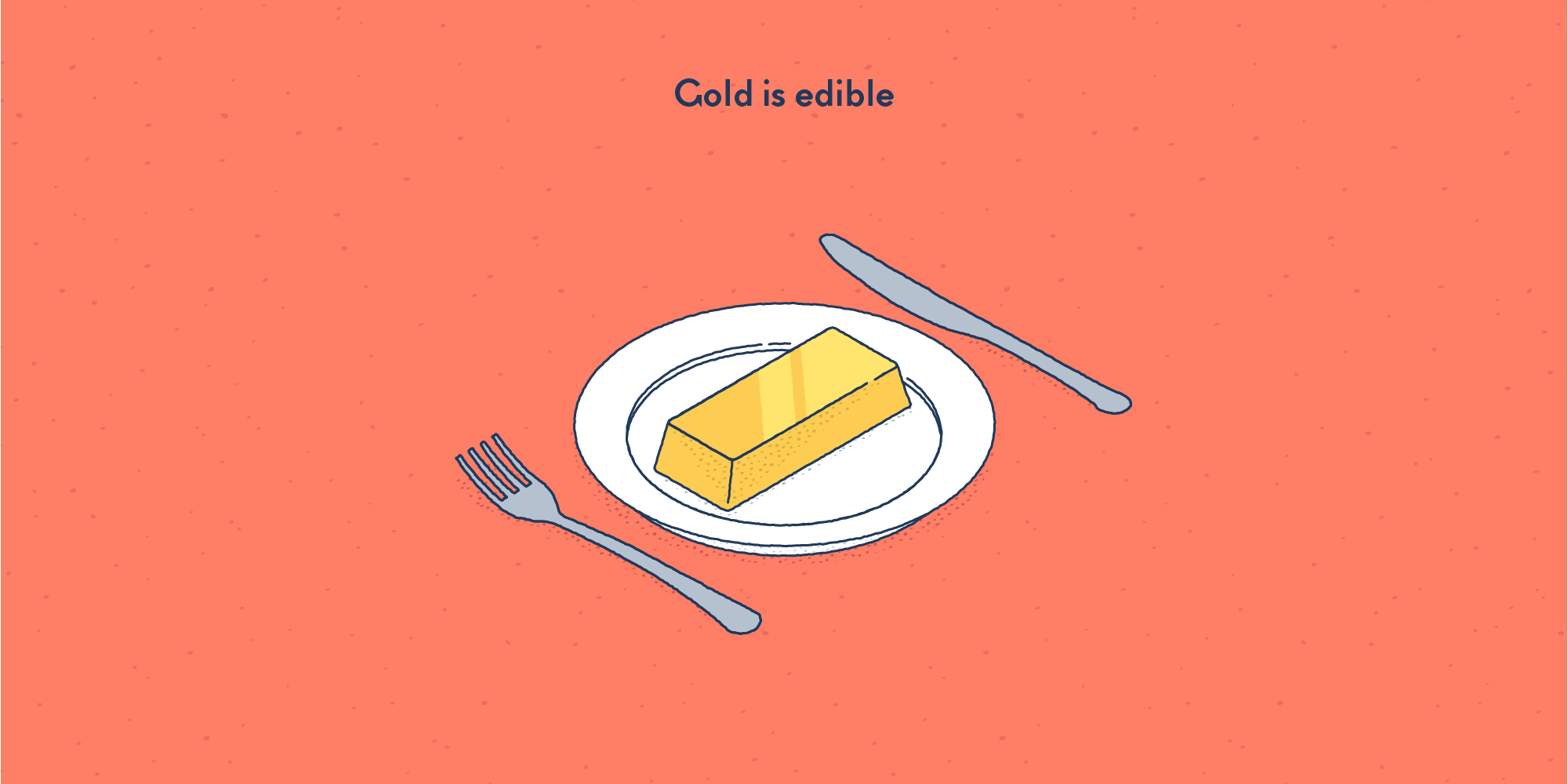 A large bar of pure gold on a plate, with fork and knife on the sides.
