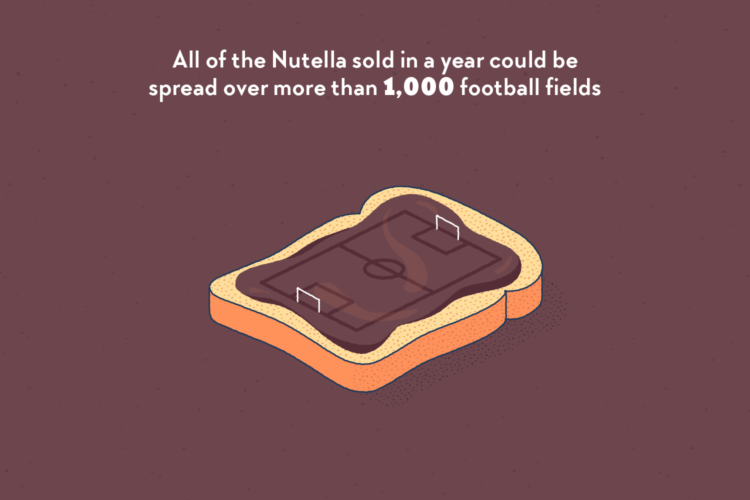 A slice of bread spread with Nutella reveals a little football field on top of it.