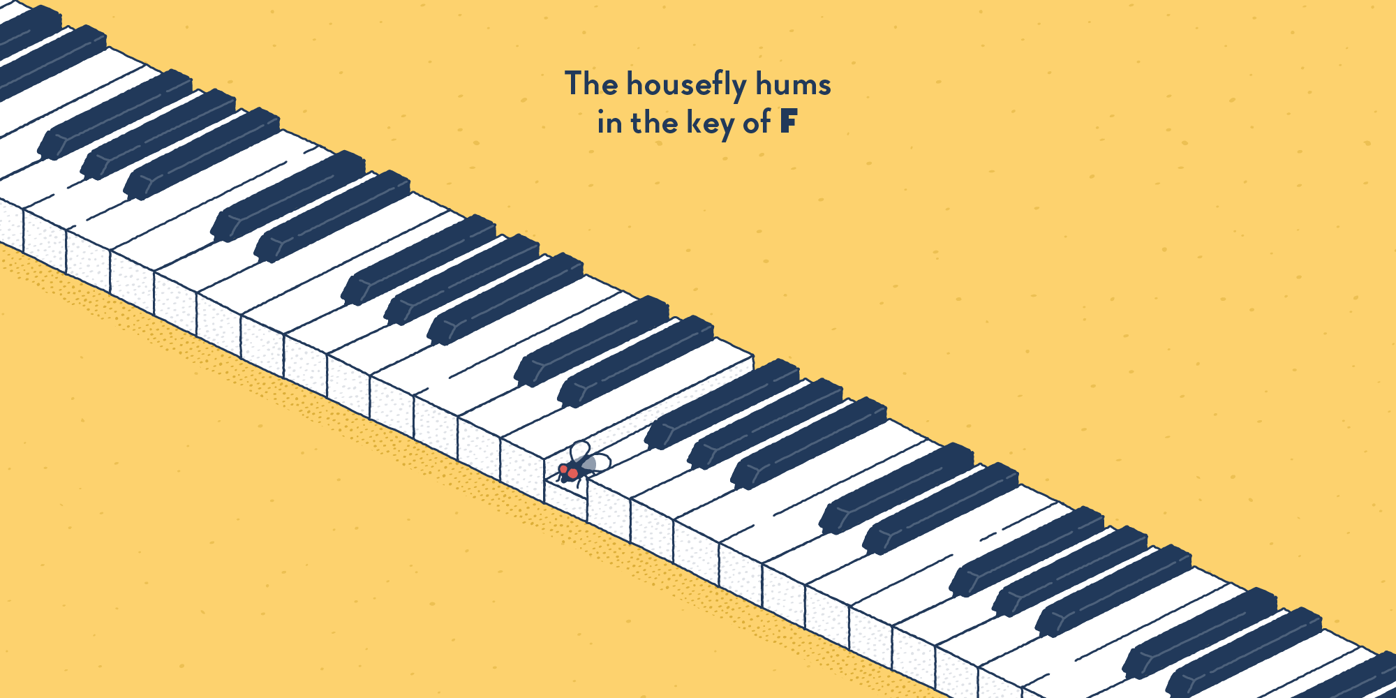 A little fly pressing the middle F key of a large piano keyboard