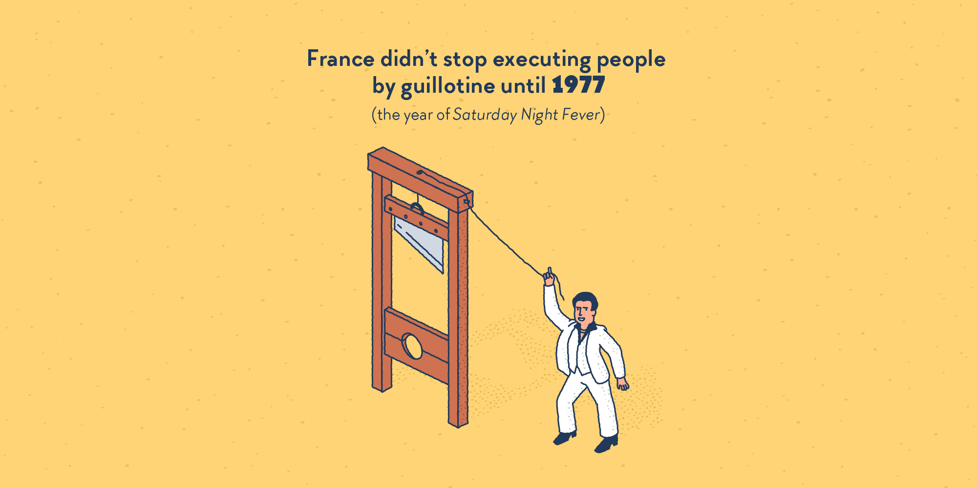 A guillotine, triggered by a dancing John Travolta in a white suit, as the film Saturday Night Fever was released in 1977 as well.