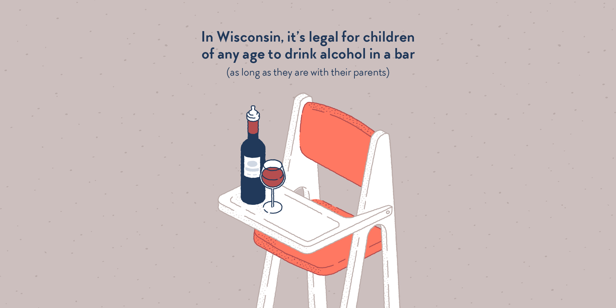 A kid's highchair with an attached little table. On the table, a wine bottle and a glass of wine. The bottle has a teat end.