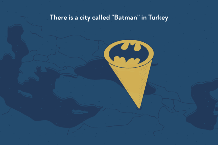A map of Turkey. From a point in the South-East corner of the country is cast high in the sky the Bat-Signal from the Batman super-hero series.