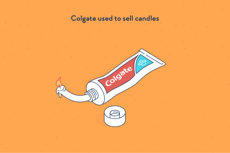 A modern tube of Colgate toothpaste, from the hole of which is pressed out a candle in lieu of toothpaste.