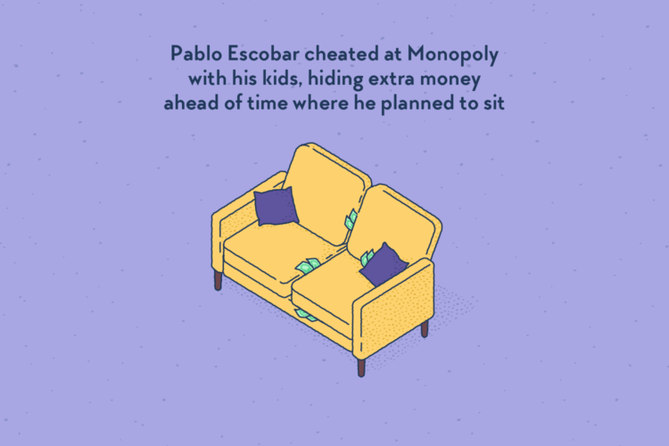 A sofa under the cushions of which are hidden many Monopoly bank notes, poking out from everywhere.
