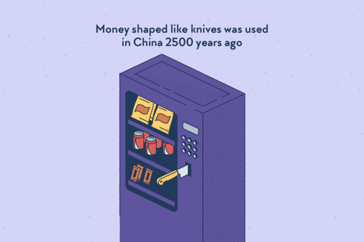 A snack vending machine. A big kitchen knife is stabbed into the coin slot.