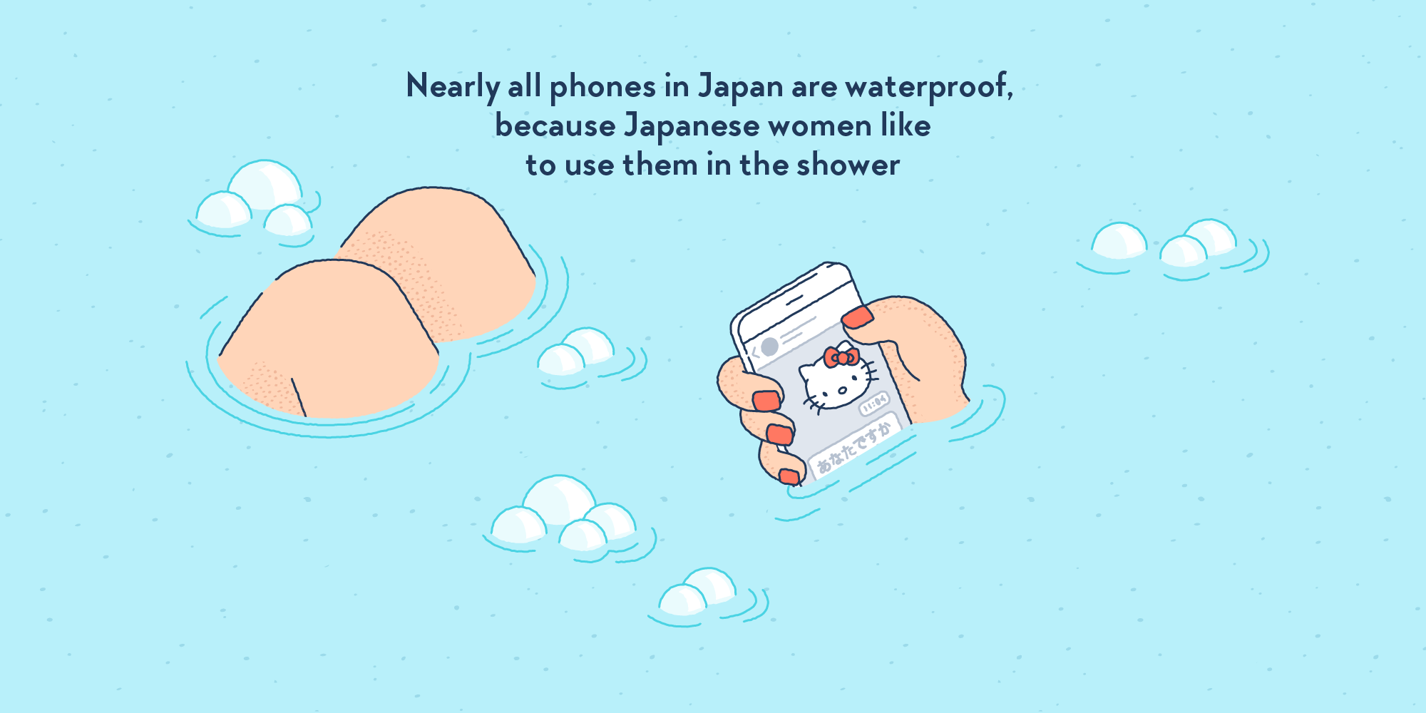 A bath full of bubbles, with only some knees and and a nail-painted hand with a smartphone emerging from the water. The phone is halfway underwater and displays a text message conversation with a Hello Kitty sticker.