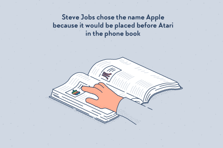 A hand in an open phonebook, pointing at the Apple logo on the left page, rather than at the Atari logo on the right page.