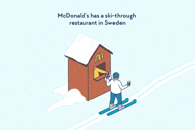 A skier picking up an order from a small wooden cabin in the middle of the snow, carrying the McDonald’s M logo.