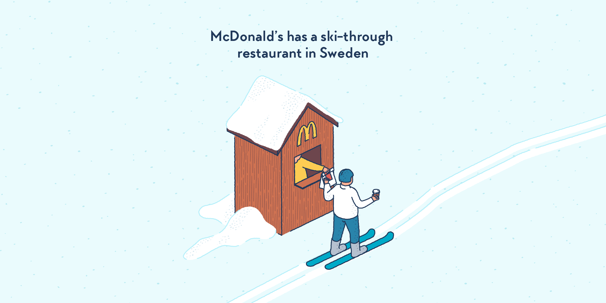 A skier picking up an order from a small wooden cabin in the middle of the snow, carrying the McDonald’s M logo.