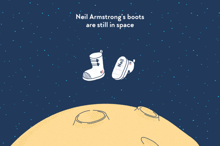 Two astronaut boots floating above the moon. The name “Neil” is written under the sole of one of them.