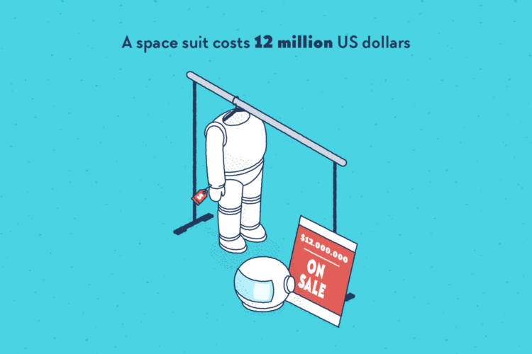 A space suit hanged in a clothing store, a sign indicated “On sale: $12,000,000”.