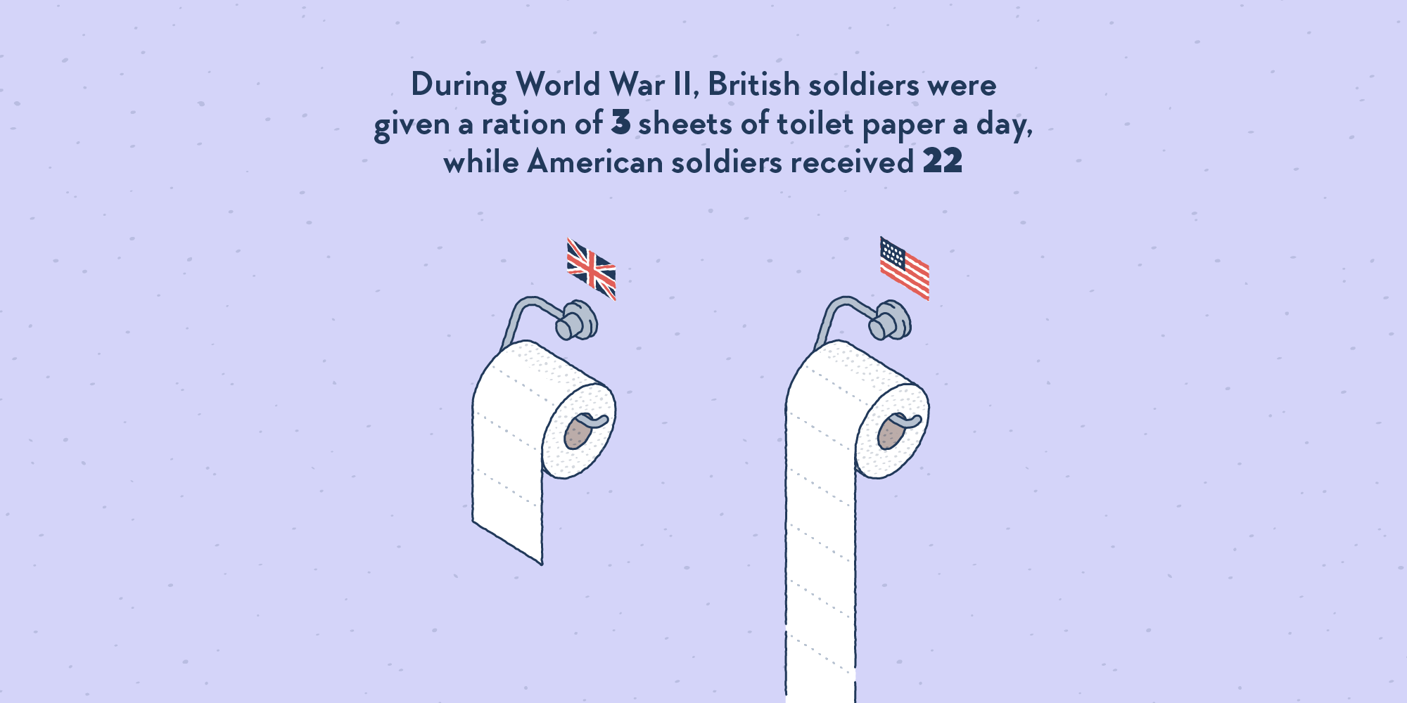 Two rolls of toilet paper hanged on a wall, topped with little flag signs. The one with a UK flag is barely unrolled. The one with a US flag is unrolled a lot.