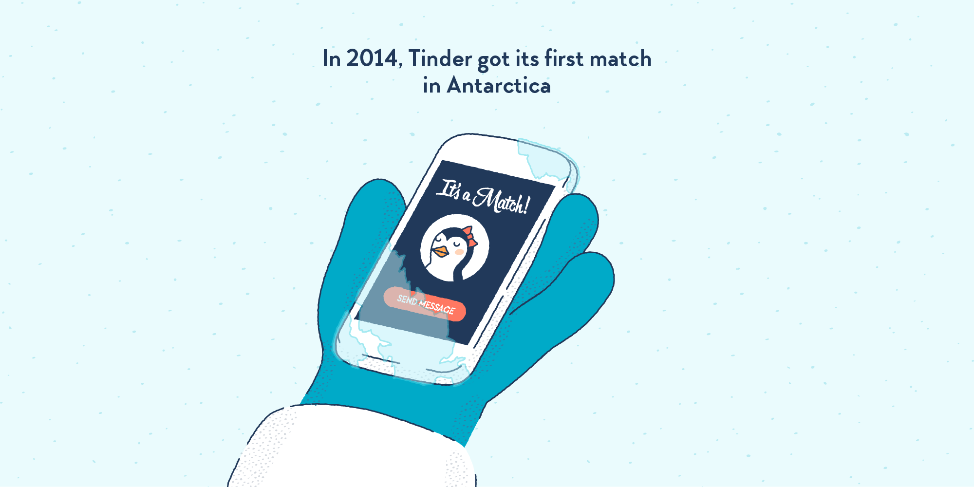 A gloved hand holding a telephone. On the screen: the “It’s a match!” screen from the Tinder app, showing the picture of a penguin.