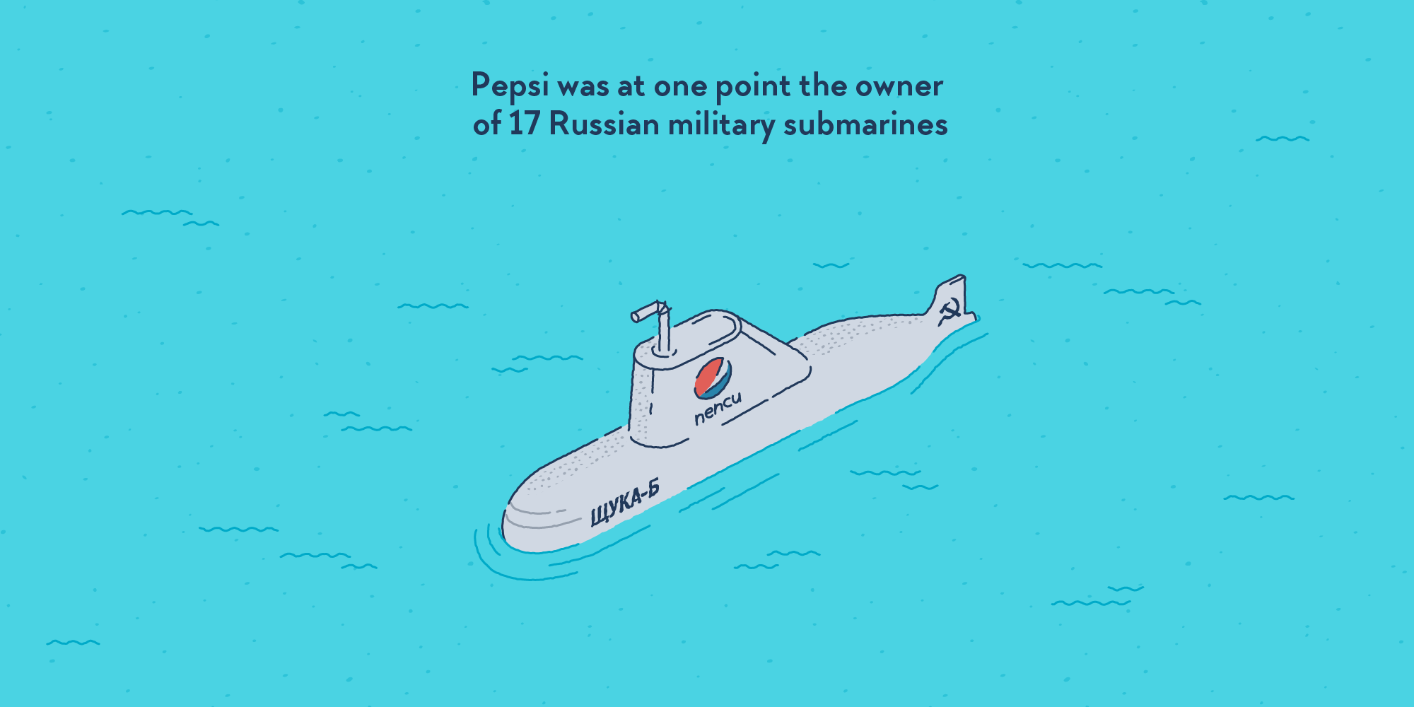 A submarine half submerged in the sea, featuring the Pepsi logo in Russian.