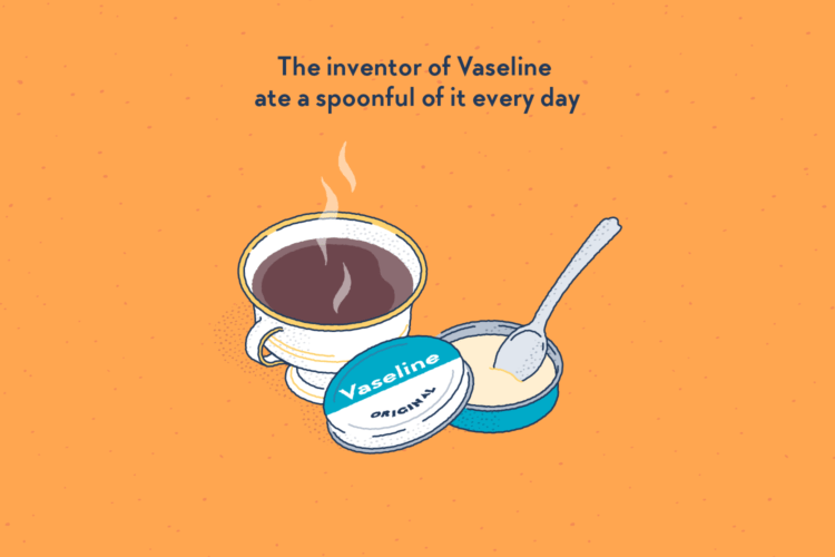 A cup of tea or coffee, next to which stands an open box of Vaseline with a spoon in it.