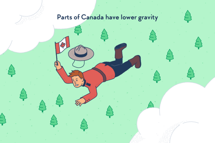 A man wearing the uniform of the Royal Canadian Mounted Police and carrying a Canadian flag, seemingly floating in the air among the clouds over a Canadian forest.canada-gravity