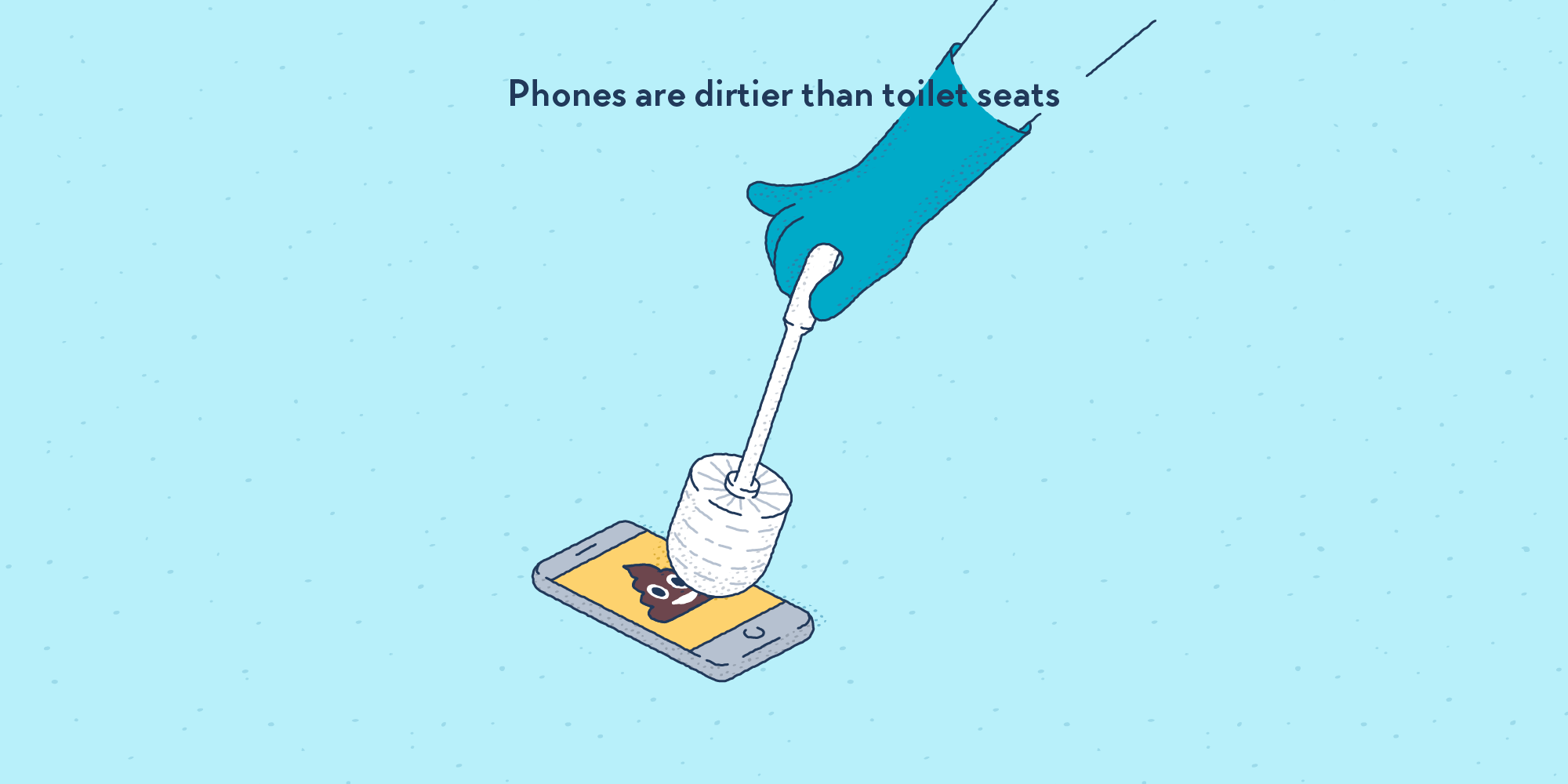 A smartphone being handled with a toilet brush held by someone wearing cleaning gloves. The phone displays the poop emoji.
