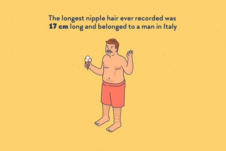 A bare-chest man in swimming shorts, eating gelato, wearing a moustache, and owning a very long nipple hair.