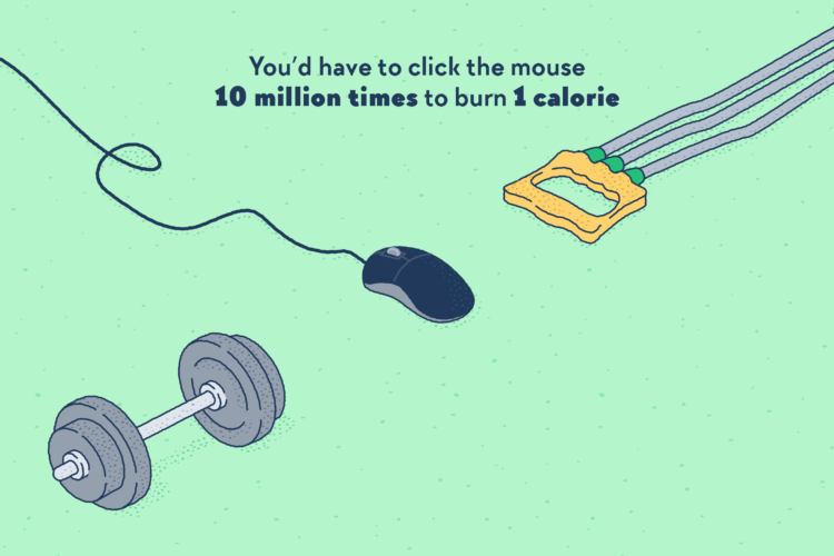 A computer mouse in the middle of other fitness equipment like weights and stretchers.