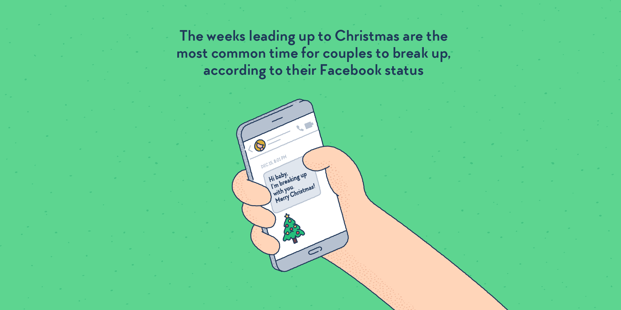 A hand holding a phone. On the screen, a chat conversation is opened, reading: “Hi baby, I’m breaking up with you. Merry Christmas!”, and one Christmas tree emoji.