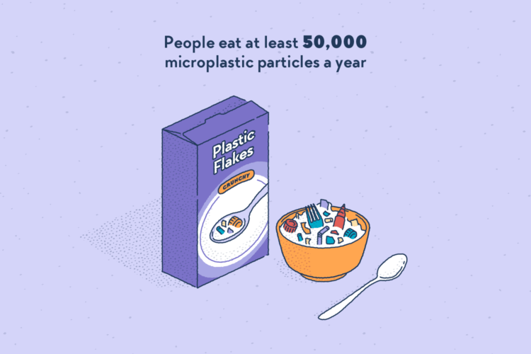 What seems to be a cereal box, carrying the name “Plastic Flakes” and the label “Crunchy”. In the bowl of milk in front of it, a lot of plastic bits and small plastic objects are seen floating.