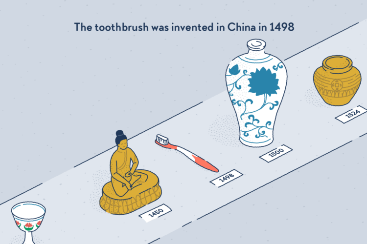 Some old Chinese relics exhibited in a history museum: a vase, a statue… and a toothbrush, looking just like a modern one in the drawing.