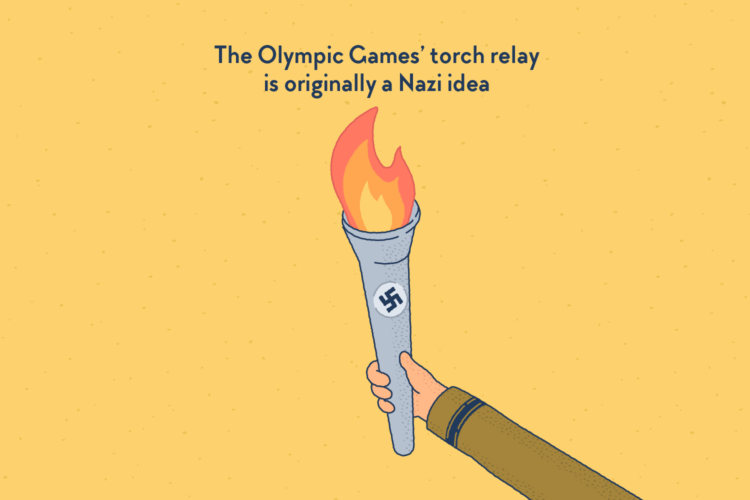 An arm wearing a Nazi uniform, and holding an Olympic torch featuring a swastika