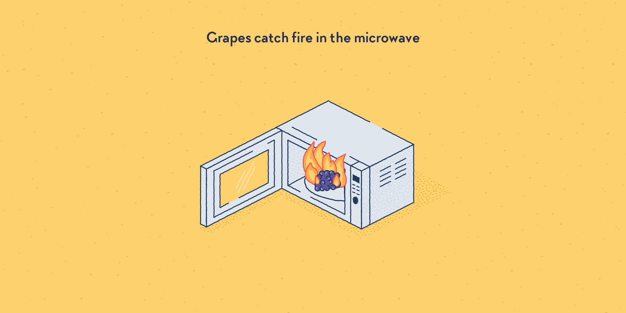 A bunch of grapes in a microwave, on fire.