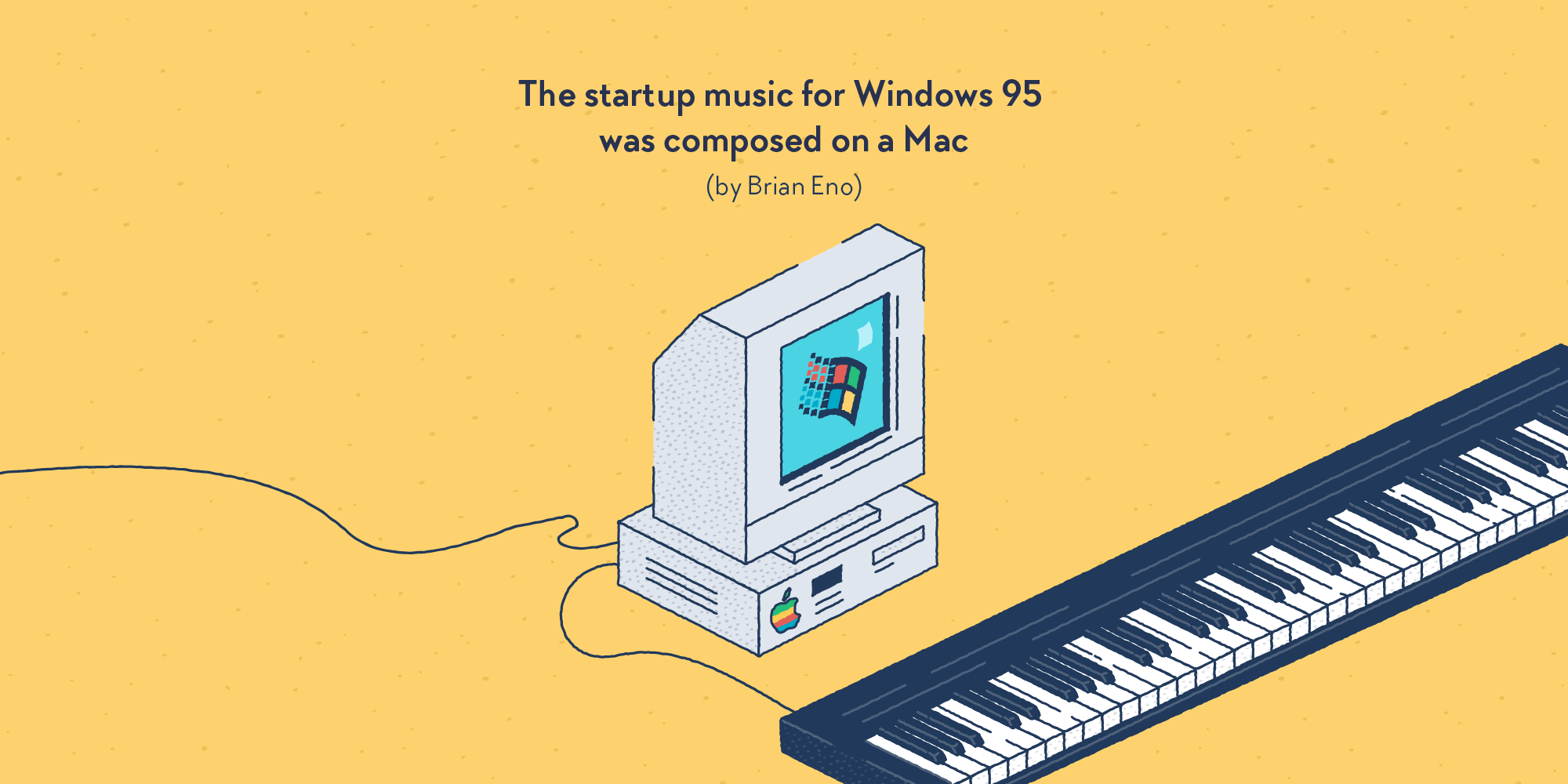 A Macintosh computer from the nineties, on which is plugged a music keyboard. The Windows 95 startup screen is shown on the monitor.