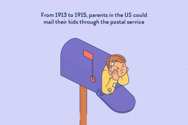 A toddler covered in stamps, stuck in a mailbox.