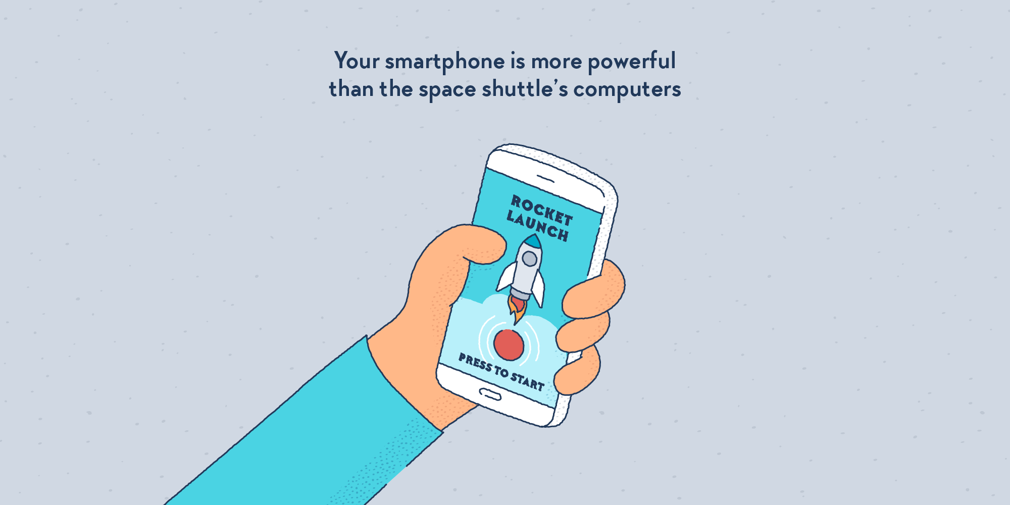 A hand holding a smartphone with a “Rocket Launch” app open on the screen.