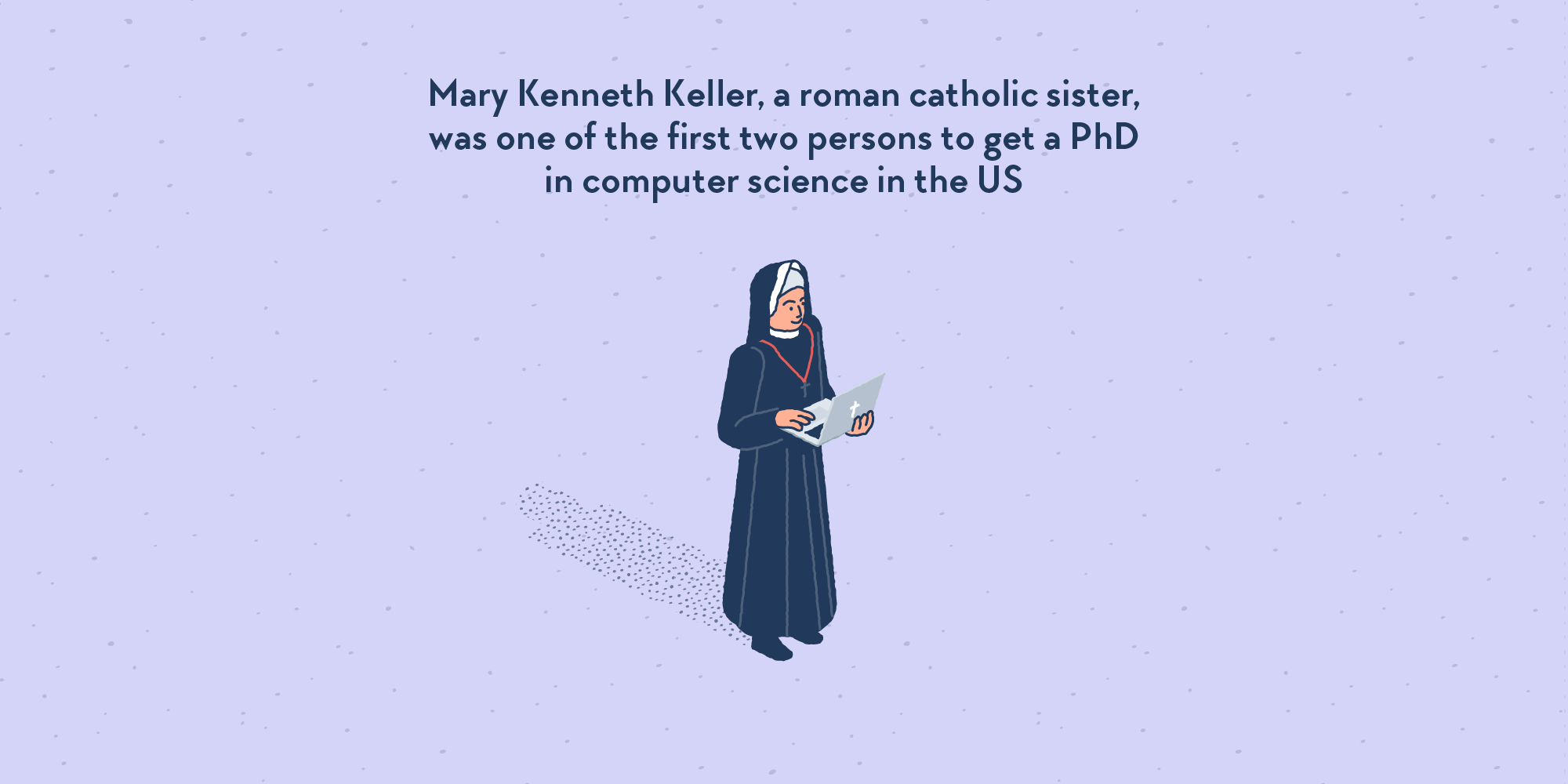 A nun with all the religious apparatus, holding a laptop branded with a Christian cross.
