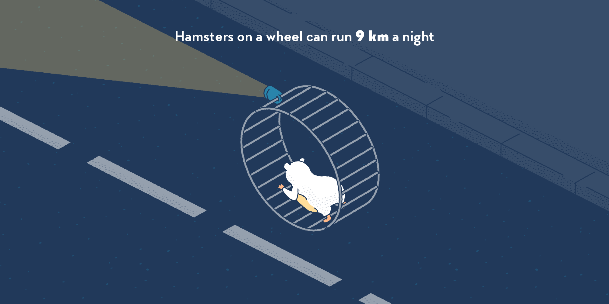 An hamster running in a loose wheel on the road at night.