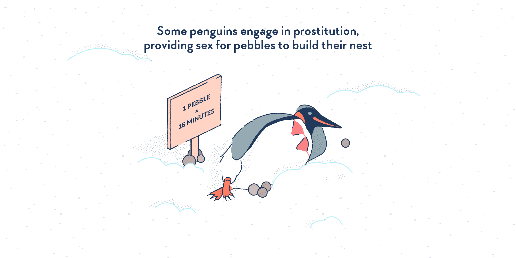 A penguin wearing lingerie and lying down flirtatiously next to a sign reading “1 pebble = 15 minutes”.
