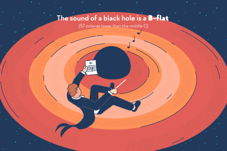 An orchestra conductor floating around a black hole that is producing music